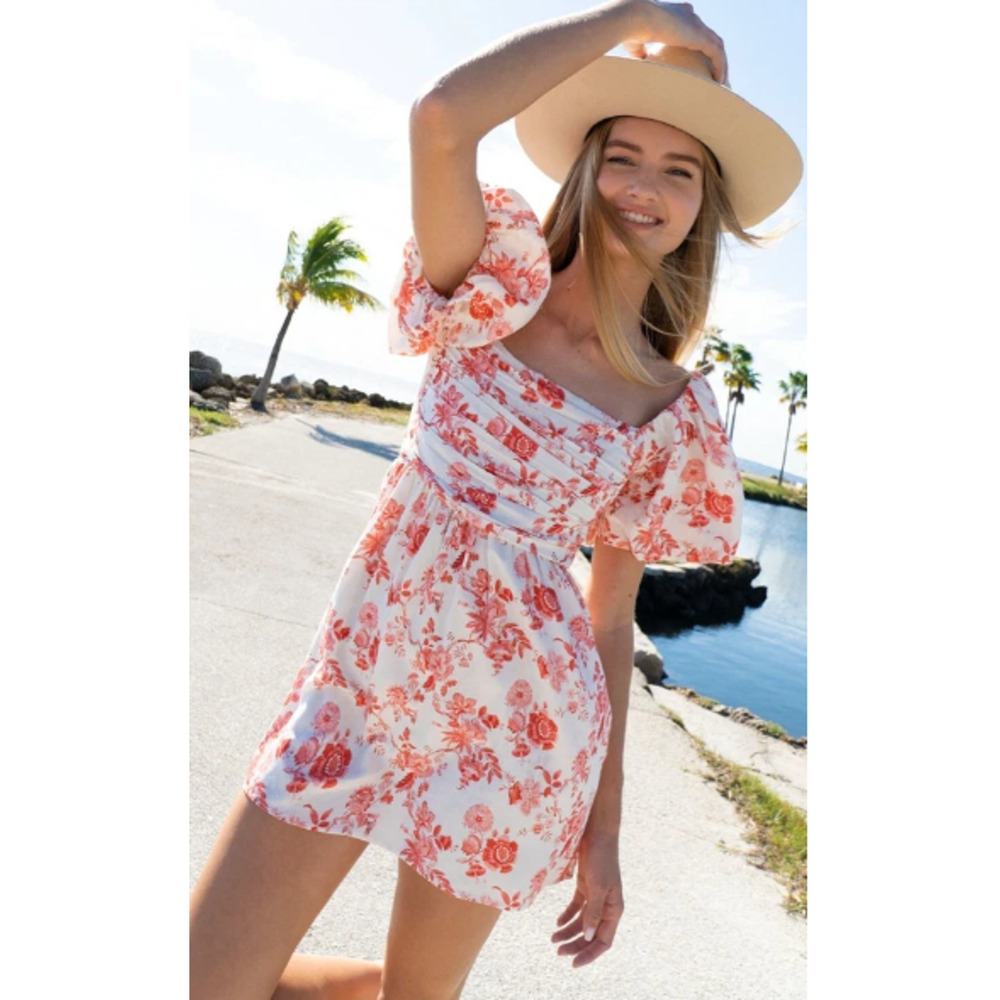 NWT Krewe Duq Pine Floral Puffed Sleeve Babydoll Mini Dress White/Coral Red XS